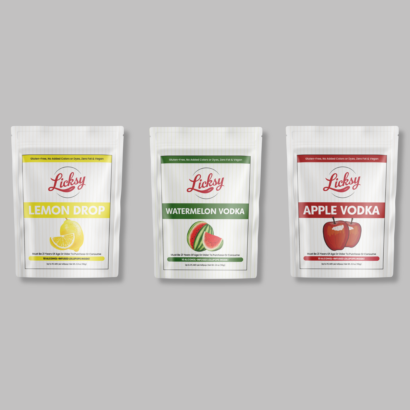 Three Lickety brand alcoholic drink mixes on a gray background